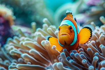 A fantastically beautiful bright clownfish swims in sea among the corals