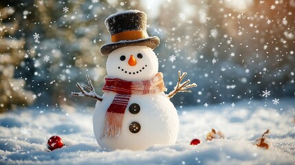 Poster - snowman with a snowy white body, adorned with a striped scarf and a small top hat, standing proudly in a winter scene 