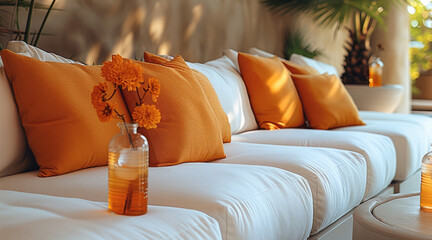 Relaxing at an event setting on a off-white cloud-like comfy couch with orange pillows while relaxing and enjoying wellness drinks. Generative AI.