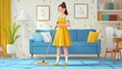 © fotofabrika - A woman in a yellow dress mops the floor of a cozy living room with a blue couch and decorative plants in the afternoon light