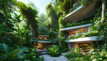 Wall Mural - Sustainable Biophilic Architecture Integrating Lush Greenery for Nature Connection and Carbon Footprint Reduction