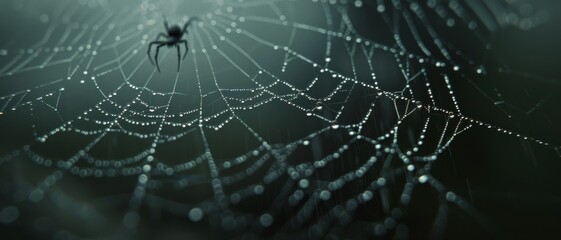 A single spider poised on an intricate web adorned with dew drops, captured in a moment of morning stillness and ethereal beauty.