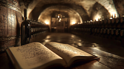 A rustic wine cellar with an open journal showing notes on wine storage, bottles lined up neatly in the background, soft, warm lighting creating a calm atmosphere