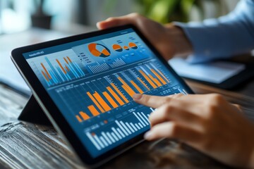 Wall Mural - Close-up of a hand using a tablet to analyze graphs and charts.