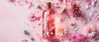 © Ai Studio - An enchanting arrangement with a glass perfume bottle adorned with flowers, set on a pink background, radiating elegance and a floral essence.