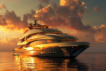 Luxury private motor yacht in tropical sea with soft blue wave on beautiful nature background