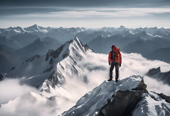 Climber Standing on Snowy Mountain Peak with Dramatic Mountain Range in Background