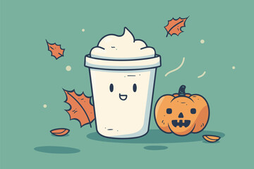 A cute coffee cup with whipped cream and a pumpkin, surrounded by autumn leaves