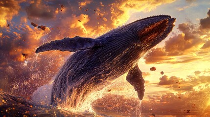 Wall Mural - a humpback whale leaps from the ocean during a vibrant sunset, surrounded by a spray of water.