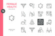 © Takoyaki Icons - Female Health Icons Set. Linear Symbols of female health, reproductive system, pregnancy, fitness, hormonal balance, nutrition. Icons of uterus, hormones, ultrasound, periods, menstrual cycle.