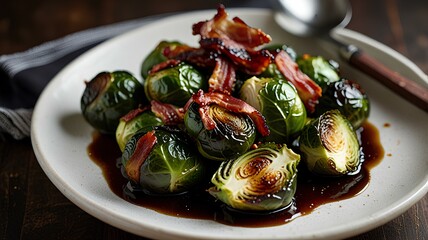 Wall Mural - Roasted Brussels sprouts with crispy bacon and balsamic glaze, showcasing the trend of gourmet home cooking.