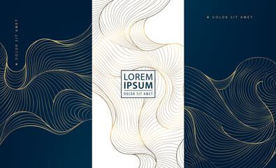Aufkleber - Vector set of wave luxury design background, gold oriental patterns. Sea curve, water line art. Wine, perfume labels, royal art deco invitations
