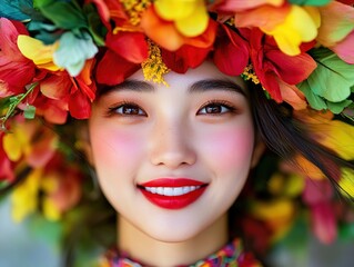 Canvas Print - Happy woman wearing colorful flowers and traditional attire in portrait