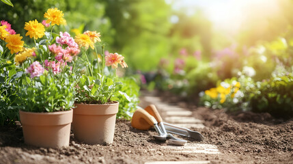 Gardening tools and flowerpots on a sunny garden path with blooming flowers, ideal for nature-themed projects