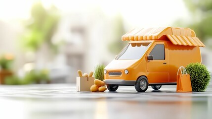 An orange food truck with a striped awning, accompanied by a shopping bag and boxes of fresh produce, set against a blurred outdoor background