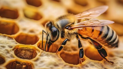 Honey bee on a hive with a beautiful natural background