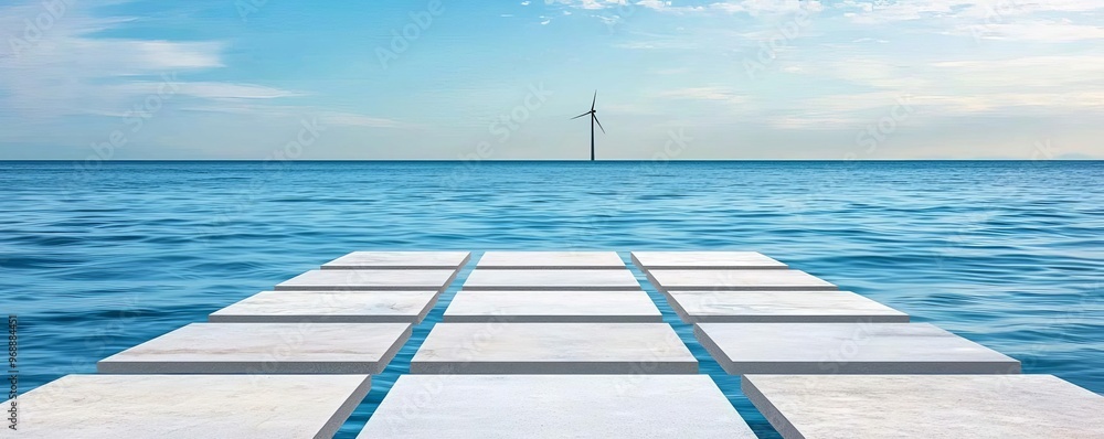 Wind turbine shadow on water, reflection, geometric patterns, calm sea ...