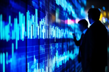 Silhouettes of two people standing in front of a large screen displaying blue financial data.