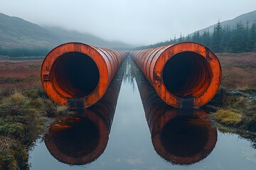 Rusty orange pipes reflecting in misty landscape with water and forest in background