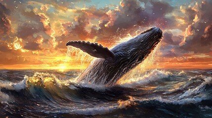 Wall Mural - a humpback whale leaps from the ocean during a dramatic sunset, its silhouette backlit by the golden