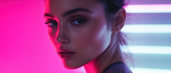 Wall Mural - Portrait of a Young Woman with Neon Lighting and Futuristic Background, Highlighting Modern Beauty and Fashion