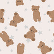 © kokoshka - Seamless pattern of cute teddy bear in various poses on white background. Hand drawn Wild animal Baby clothing Kawaii Vector Illustration.