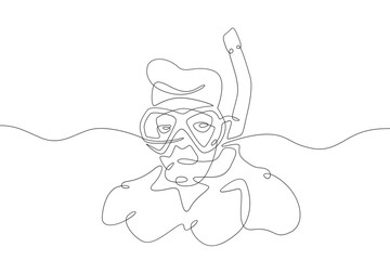 Wall Mural - Continuous one line drawing diver in a mask. Swimmer in the water with a mask and snorkel. One continuous line isolated minimal illustration.