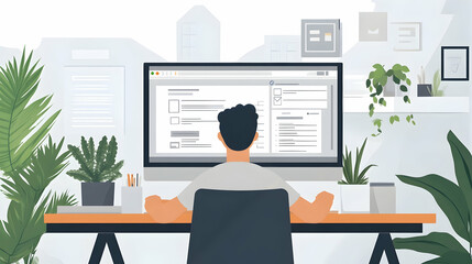 Wall Mural - Man working on a digital invoice at a computer desk in a home office setting with plants, representing modern remote work and paperless billing