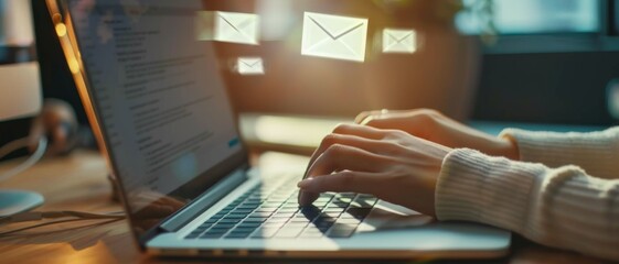 Wall Mural - hands typing on a laptop keyboard with floating email icons, illustrating a modern workspace and dig