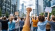 © Pinklife - A dynamic image of a crowd of protesters with raised fists and signs in a cityscape, reflecting the energy and determination of a movement demanding social and political change.