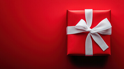 Wall Mural - Photo of a red gift box with a white ribbon on the right side, placed against a vibrant red background. Top view. 