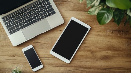 Top view of a wooden table with a laptop, tablet, and smartphone, surrounded by greenery.