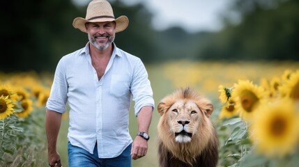 A middle-aged man with a beard, wearing a straw hat, peacefully walks alongside a majestic lion in a vibrant sunflower field, illustrating trust and harmony with nature.