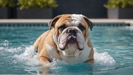 Wall Mural - Fawn english bulldog in the swimming pool