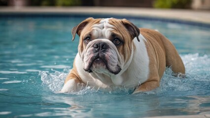 Wall Mural - Fawn english bulldog in the swimming pool