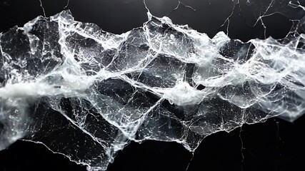 White spiderweb on a black background, macro shot.
