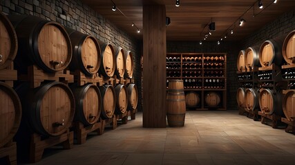 Modern wine cellar with wooden barrels for wine production in winery industry environment background Generative AI