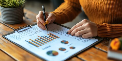 Wall Mural - Woman's hand with yellow nail polish pointing at a graph on a clipboard.