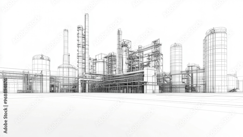 Detailed wireframe drawing of an industrial area showcasing complex ...