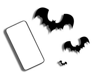 Wall Mural - Black bats flying near mobile phone with blank screen on white background