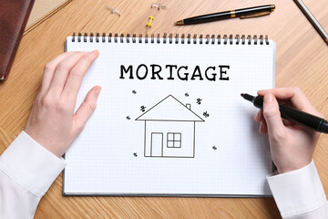 Wall Mural - Woman writing word Mortgage in notebook at wooden table, top view