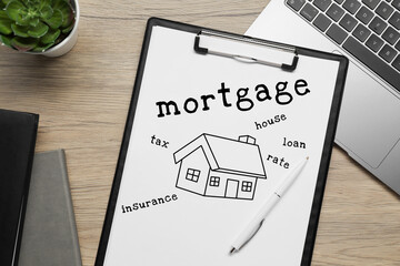 Wall Mural - Mortgage. Paper with drawing of house and words on wooden table. Workplace with laptop, top view