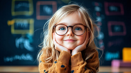 Portrait of happy schoolgirl smiling in classroom wearing glasses