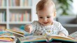 © Jayda_ArtistryHub - Cheerful baby pointing at pictures in a colorful book, surrounded by an assortment of children s books, Baby reading joy, learning through play, discovery