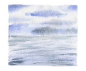 Scenery landscape rain storm, cloudy blue sky, water surface with waves, pool sea lake ocean hand drawn in watercolor. Illustration for tourism, resort ads, hiking camping sites vacation, postcard.