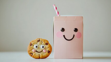 A smiling cookie and a carton of milk, perfect for a snack.