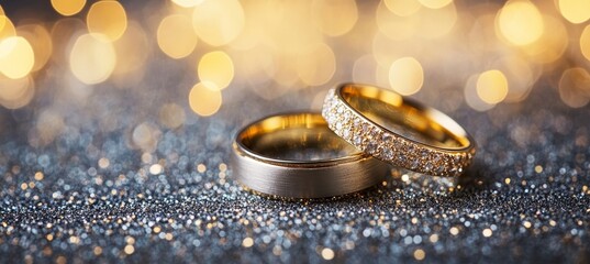 Two gold wedding bands, a mans and a womans, lie on sparkling glitter, marriage proposal, wedding