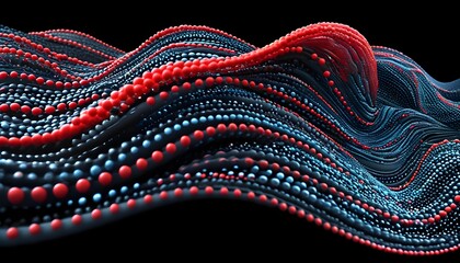 Wall Mural - Dynamic Abstract Wave Pattern with 3D Dots in Dark Gray, Blue, and Red on Black Background