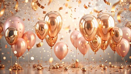 whimsical background featuring animated rose gold balloons, confetti, and cursive golden letters cel