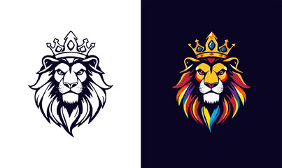 Wall Mural - powerful abstract lion mascot logo. Lion with crown logo. Colorful rainbow lion logo for LGBTQ